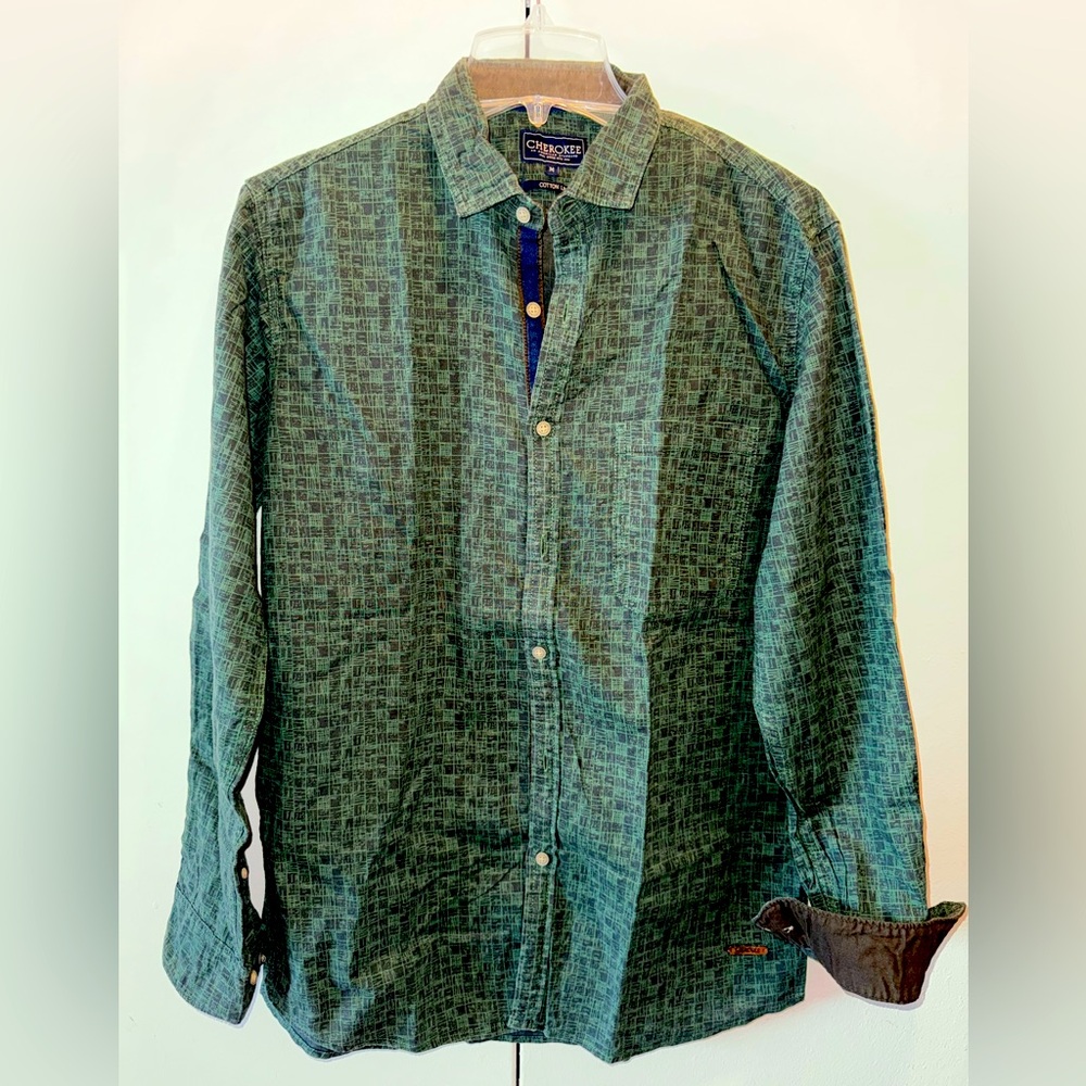 Cherokee Men's Green Checker-Patterned Cotton Shirt Size M Long Sleeve